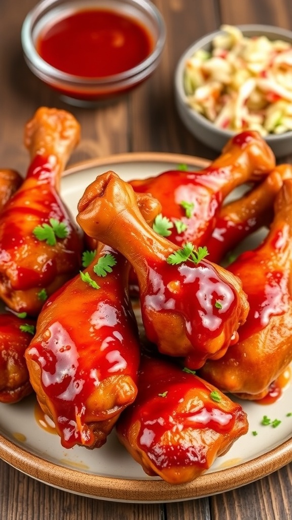 BBQ chicken drumsticks on a plate, garnished with parsley, with a bowl of barbecue sauce and coleslaw on the side.